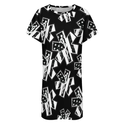 U.S.A. Flag with EMS Star of Life Nightgowns for Women Sleepwear Short Sleeve Sleep Dress Nightshirt