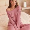 2 Pack：Womens Ribbed Knit Pajama Set with Pockets Long Sleeve PJs V Neck Soft Loungewear Loose Matching Outfits Set