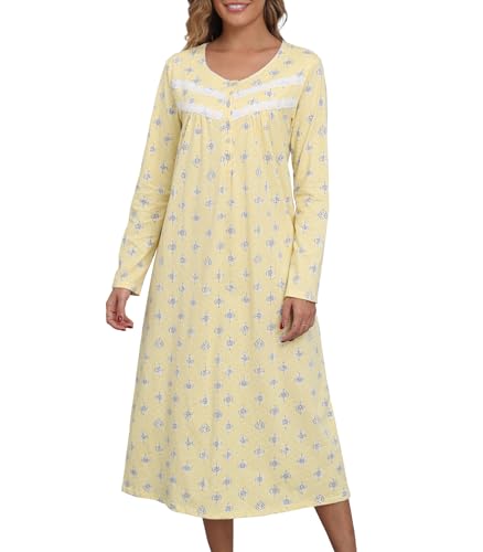 Long Cotton Nightgowns for Women 100% Cotton Night Gown Long Sleeve Ladies Nightgowns Sleepwear Vintage Sleep Dress