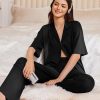 Women Pajamas Set Button Down Sleepwear Short Sleeve Pjs Soft Comfy Nightwear with Long Pants S-XXL