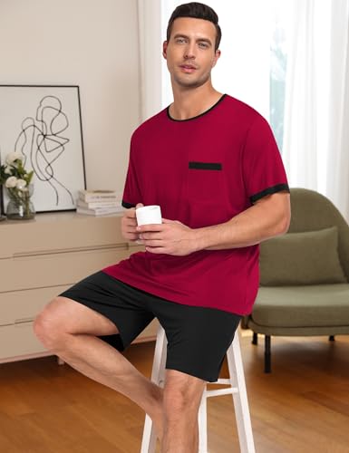 Men Modal Pajamas Set Comfy Sleepwear Short Sleeve Pjs Set Soft 2 Piece Lounge Set Cozy Nightwear with Pockets