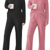 2 Pack：Womens Ribbed Knit Pajama Set with Pockets Long Sleeve PJs V Neck Soft Loungewear Loose Matching Outfits Set