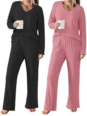 2 Pack：Womens Ribbed Knit Pajama Set with Pockets Long Sleeve PJs V Neck Soft Loungewear Loose Matching Outfits Set