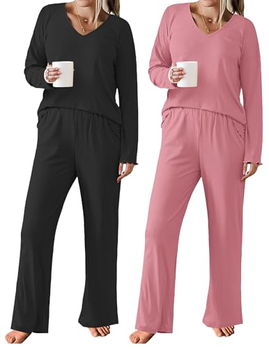 2 Pack：Womens Ribbed Knit Pajama Set with Pockets Long Sleeve PJs V Neck Soft Loungewear Loose Matching Outfits Set