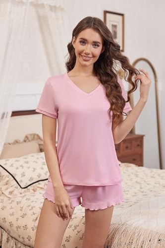 Womens Pajama Sets Summer Pjs Soft Short Sleeve Sleepwear Comfy Ruffle Pj Shorts Set Cute Lounge Sets with Pockets