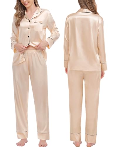 Couples Matching Pajamas Sets Women & Men Silk Satin Long Sleeve Button Down Sleepwear 2 Pcs Classic Loungewear Women Champagne