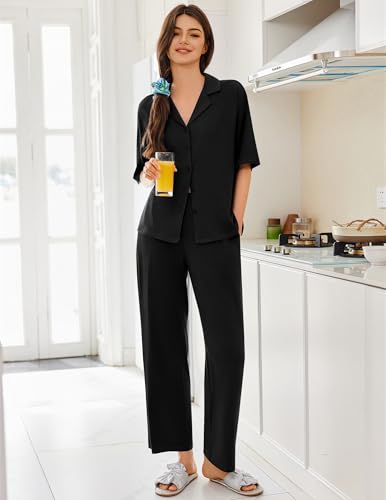 Women Pajamas Set Button Down Sleepwear Short Sleeve Pjs Soft Comfy Nightwear with Long Pants S-XXL