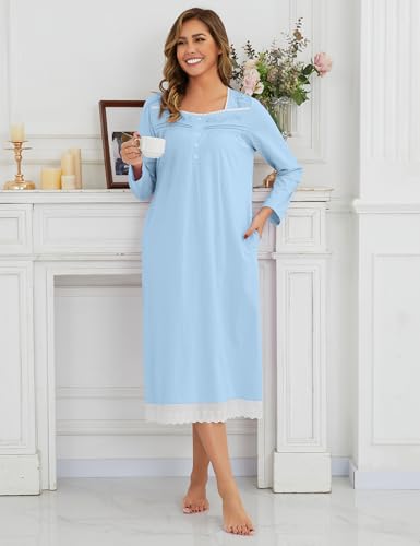 Nightgowns for Women Soft 100% Cotton House Dress Embroidery Long Sleeve Night Gowns Comfy Long Sleepwear