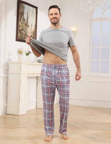 Mens Pajamas Set Cotton Short Sleeve and Plaid Long Pants 2 Piece Loungewear Sleepwear with Pocket