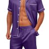 Mens Satin Silk Pajamas Sets Short Sleeve Button-Down Sleepwear Two Piece Loungewear with Pockets