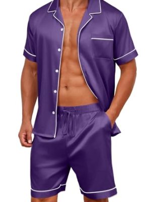 Mens Satin Silk Pajamas Sets Short Sleeve Button-Down Sleepwear Two Piece Loungewear with Pockets