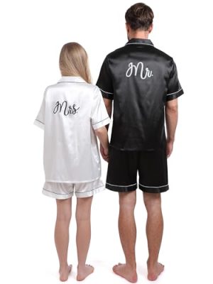 His and Hers Pajamas Sets Matching Pajamas for Couples Satin Button Pjs Short Sleeve Sleepwear for Women Men