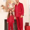Matching Family Pajamas Set Women & Men & Kids Silk Satin Pjs 2 Pcs Long Sleeve Button Down Sleepwear with 2 Pockets(Men, A-Red,