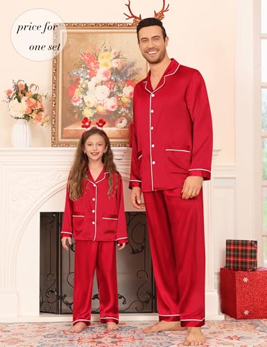 Matching Family Pajamas Set Women & Men & Kids Silk Satin Pjs 2 Pcs Long Sleeve Button Down Sleepwear with 2 Pockets(Men, A-Red,