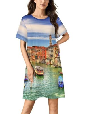 Water Venice Italy, Nightgowns for Women Sleepwear Short Sleeve Sleep Dress Nightshirt