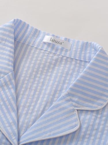 Women's Cotton Button Down Nightgown Seersucker 3/4 Sleeve Nightshirt
