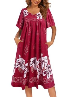 Women's House Dress - Pleated Nightgown with Short Sleeves & Pockets