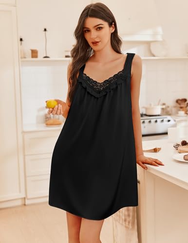 Women's Satin Silk Nightgown V Neck Sexy Nightdress Tank Sleeveless Sleepshirt Lace Sleep Dress Nightwear S-XXXL