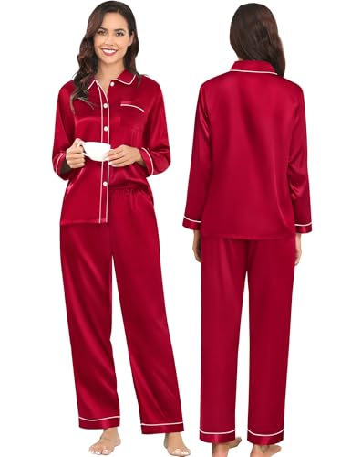 Couples Satin Pajamas Set Women & Men 2PCS Pjs Long Sleeve & Pants Sleepwear Button-Down Loungewear with Pockets
