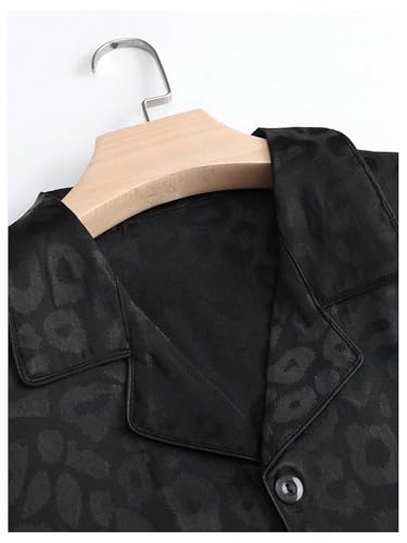 Men's 2 Piece Satin Silk Pajama Sets Leopard Button Down Shirts and Shorts Cheetah Loungewear Sleepwear Pjs