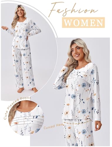 Womens Pajama Sets Pleated Tops with Long Pants Lounge Set Long Sleeve Fall Sleepwear Ladies Pjs S-XXL