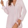Women's Striped Nightgown Collar V Neck Button Down Long Sleeve Sleep Shirt Top Nightdress