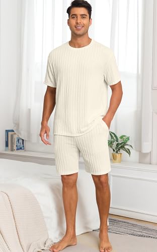 Mens Pajamas Set Summer Pjs Sets Lightweight Short Sleeve Pajama Shorts Set Soft Sleepwear Loungewear with Pockets