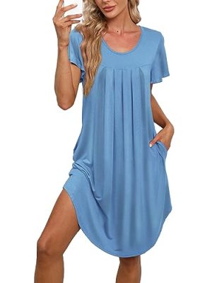 Women's Pleated Front Loose Fit Short Sleeve Nightgowns Sleep Dress with Hand Pockets (S - 5XL)