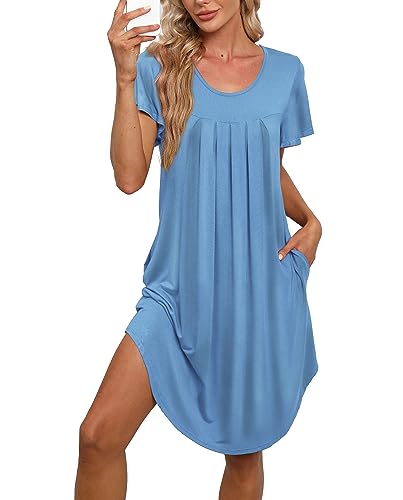 Women's Pleated Front Loose Fit Short Sleeve Nightgowns Sleep Dress with Hand Pockets (S - 5XL)