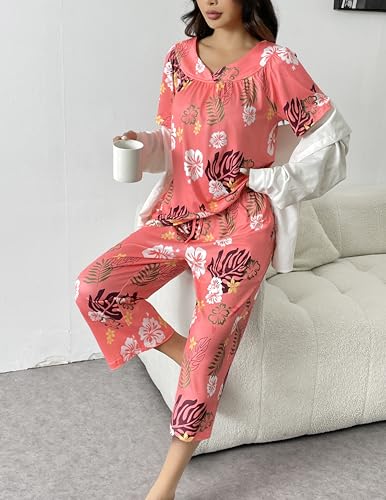 Capri Pajamas Short Sleeve Mumu Pjs Sets 2 Pieces Pleated Top and Capri Pants Sleepwear Loungewear for Women