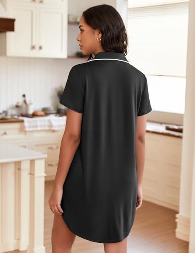 Womens Nightgown Button Down Night Gowns Short Sleeve Sleepshirt V Neck Nightshirt Soft Sleepwear S-XXL