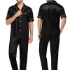 Couples Pajamas Sets Women & Men Satin Short Sleeve Sleepwear Button Down Loungewear Pjs Set with Long Pants