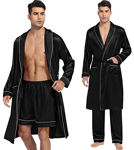 Men's Satin Robe 3 Pcs Silky Kimono Bathrobe Set Lightweight Soft Loungewear Nightwear