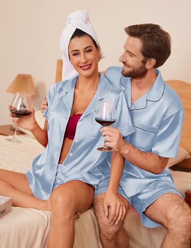Couple Matching Pajamas Sets Silk Short Sleeve Button Down Sleepwear Satin Pjs Shorts Set Soft Lounge Set S-XXL