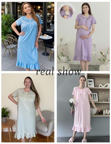 Cotton Nightgowns for Women Soft Long Button Night Gowns Comfy House Dress with Pockets Short Sleeve Sleepwear S-3XL