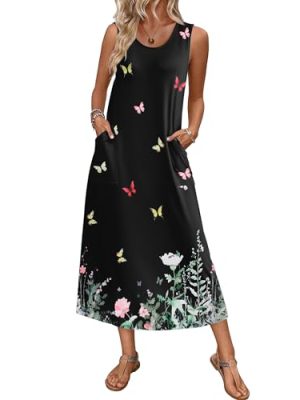 Nightgowns for Women Sleeveless Sleepshirt Long Print House Dress Tank Nightshirt Maxi Casual Dress with Pockets