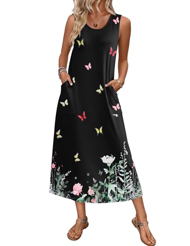 Nightgowns for Women Sleeveless Sleepshirt Long Print House Dress Tank Nightshirt Maxi Casual Dress with Pockets