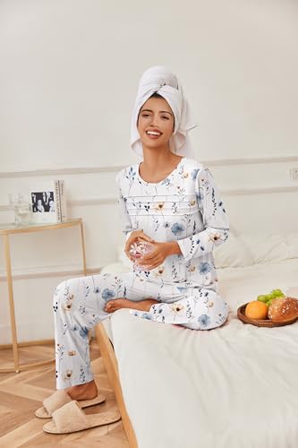 Womens Pajama Sets Pleated Tops with Long Pants Lounge Set Long Sleeve Fall Sleepwear Ladies Pjs S-XXL