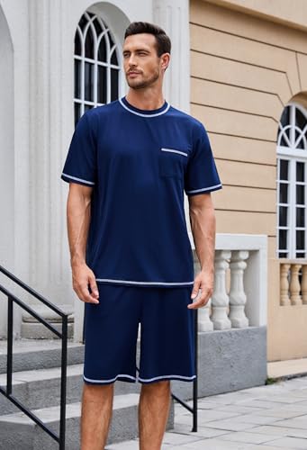 Mens Pajama Set, Soft Short Sleeve Lounge Set Pullover Pjs 2 Piece Outfits with Pocket