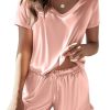 Satin Pajamas for Women Short Sleeve Silk Sleepwear 2 Piece Pjs Set with Ruffled Shorts Casual Loungewear