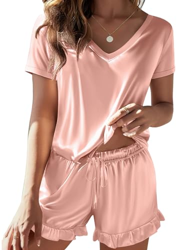 Satin Pajamas for Women Short Sleeve Silk Sleepwear 2 Piece Pjs Set with Ruffled Shorts Casual Loungewear
