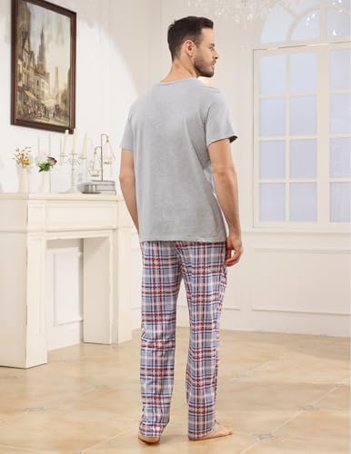 Mens Pajamas Set Cotton Short Sleeve and Plaid Long Pants 2 Piece Loungewear Sleepwear with Pocket