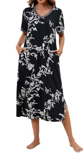 Cotton Nightgowns for Women Soft Short Sleeve Long Night Gowns Sleepwear with Pockets