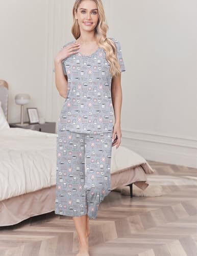 Womens Pajama Sets Soft Cotton Pj Short Sleeve Top with Capri Pants Sleepwear 2 Piece Print Loungewear,S-XXL