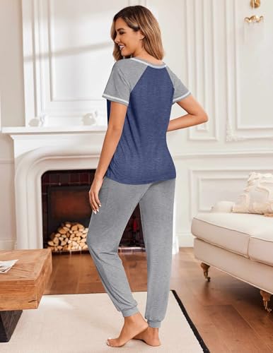 Womens Jogger Pajamas Sets 2 Piece Raglan Short Sleeve Pjs Lounge Set Soft Sleepwear with Pockets S-XXL