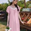 Womens Nightgown Lace Trim V Neck Sleep Shirt Flare Short Sleeve Night Gown Pleated Nightshirt Ladies Nightdress
