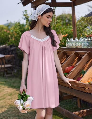 Womens Nightgown Lace Trim V Neck Sleep Shirt Flare Short Sleeve Night Gown Pleated Nightshirt Ladies Nightdress