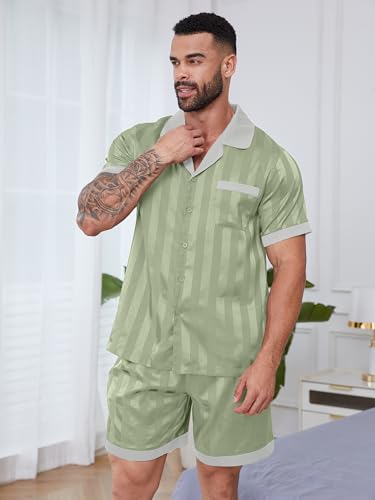Mens Pajamas Set Satin Silk Pajama For Men Sleepwear Shorts Sexy Nightwear Button Down 2 Piece