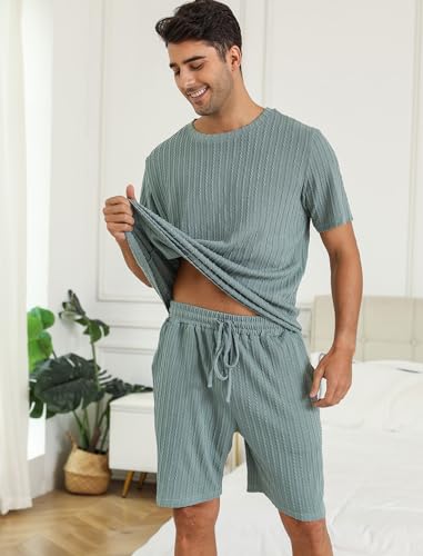 Matching Pajamas for Couples Ribbed Knit Pajama Short Sleeve Soft Sleepwear 2 Piece Loungewear S-XXL
