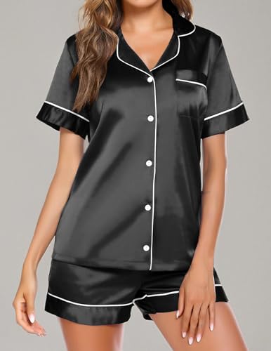 Pajamas for Women Set Silk Satin Pjs Button Down Sleepwear Summer Loungewear Top and Shorts Lounge Set S-XXL